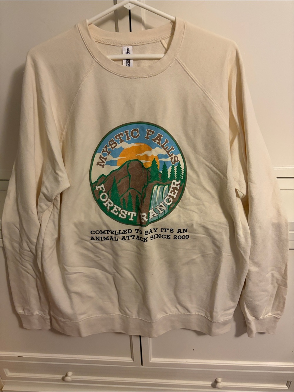 Vampire Diaries Mystic Falls Forest Ranger Cream Graphic Crewneck Sweatshirt